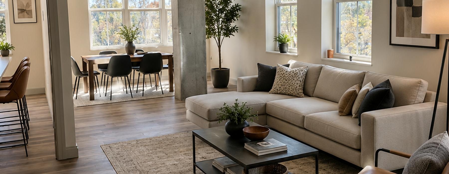 a living room with a rug and a coffee table