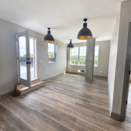 a room wood flooring and light fixtures