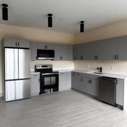 kitchen with grey cabinets and stainless steel appliances