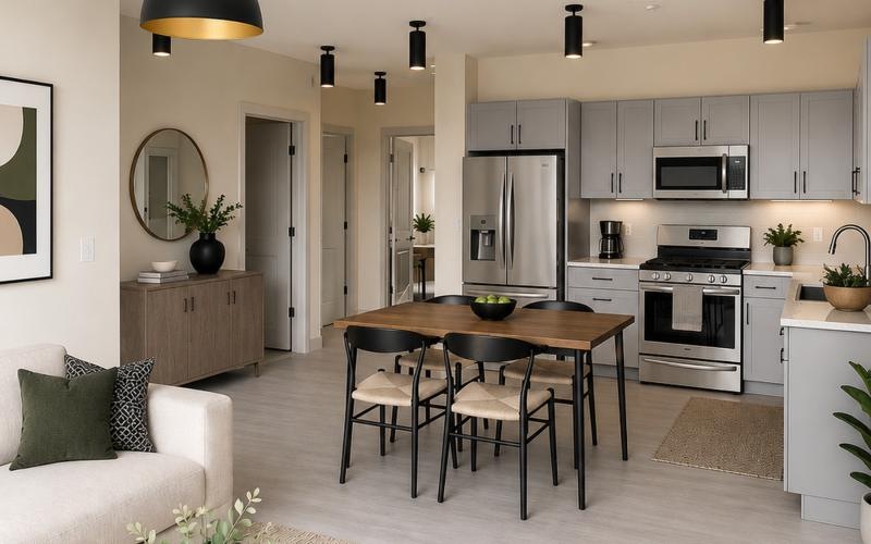 a kitchen with a table and chairs