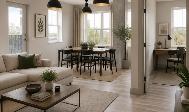 a living room with a wood floor