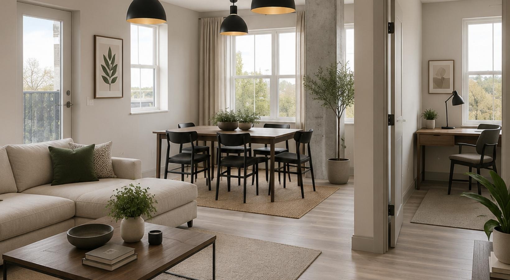 a living room with a wood floor