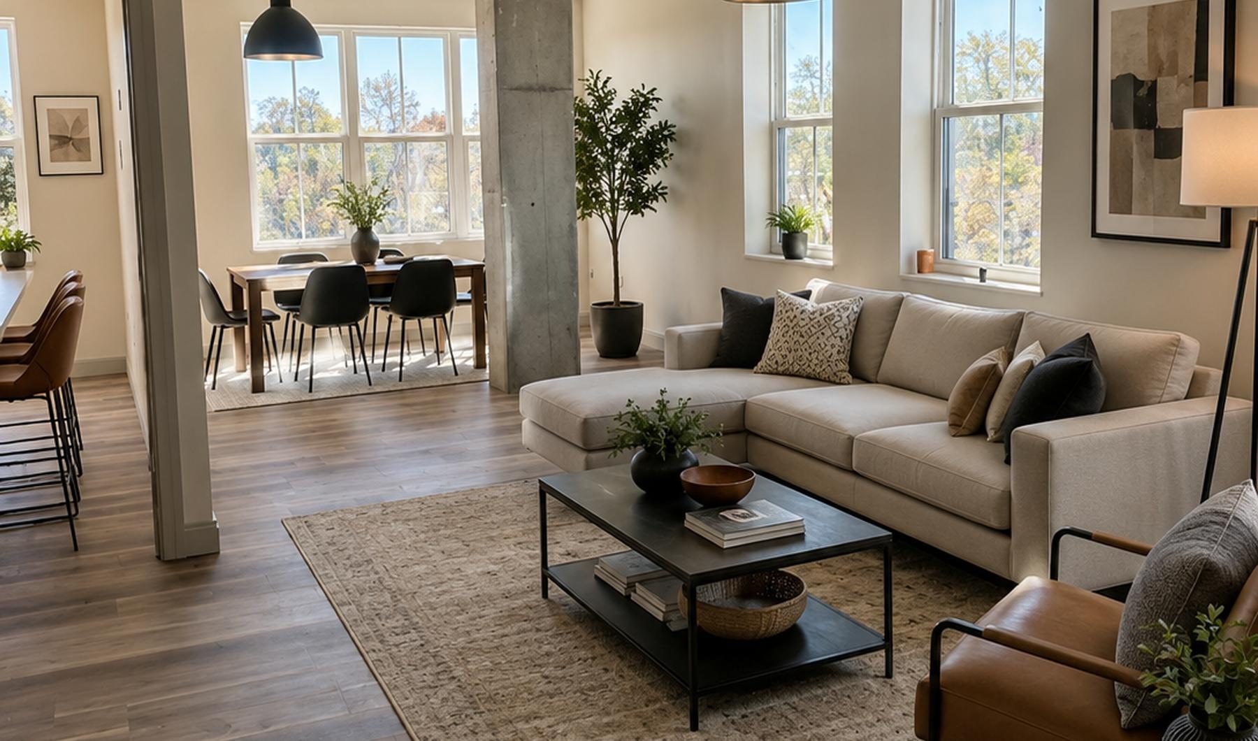 a living room with a rug and a coffee table